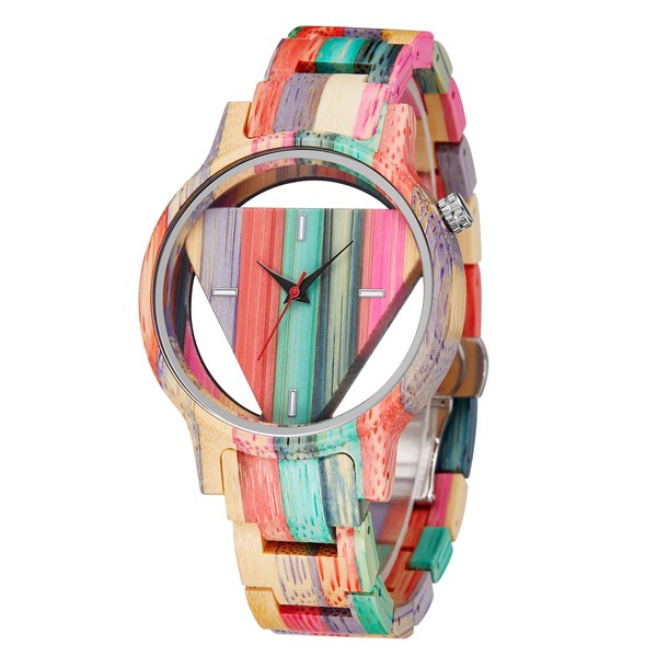 Colorful Triangle Wood Watch Men's Skeleton Dial Full Wood Quartz