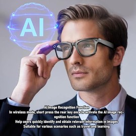 Bewinner Gafas Inteligentes de IA con Cámara, Gafas de Grabación de Video Fotográficas de 1080p, Reconocimiento de Imágenes y 25 Idiomas Traducción en