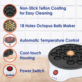 StarBlue Takoyaki Maker - Electric Machine for Japanese Octopus Balls with FREE Picks - Easy to Operate, AC 120V 50/60Hz 650W