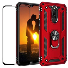 YaHan for Xiaomi Redmi 8A / Redmi 8 Case,360 Degree Rotating Ring Kickstand Hybrid Heavy Duty Dual Layer Shockproof Defender Hard Back Case Cover with Tempered Glass Screen Protector,Red