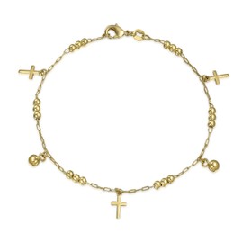 Christian Religious Spiritual Beads Bells Dangle Charm Multi Cross Anklet Ankle Bracelet for Women Teens 18K Gold Plated Brass 10 Inch