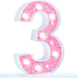 Pooqla Marquee Numbers Lights, Light Up Pink Numbers for Girls Boys, Glitter Number Night Light Battery Powered for 3rd 13th Birthday Gift Christmas Wedding Home Party Decoration, Cool White Pink 3