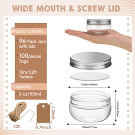 Suclain 96 Pcs 3 oz Mini Wide Mouth Plastic Jars with Lids Small Canning Yogurt Jars and 100 Tags Mini Storage Container for Jelly Jams Honey Spice Wedding Favors(Clear,Silver)