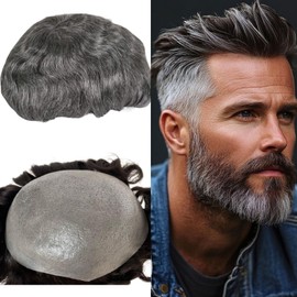Vennsian Ultra Thin Skin Men's Toupee 8x10 Inch Hairpiece for Men 0.03mm PU Base 100% European Human Hair V-Looped Natural Hairline Light to Medium Density (1B Black with 20% gray hair, 10x8 INCH)