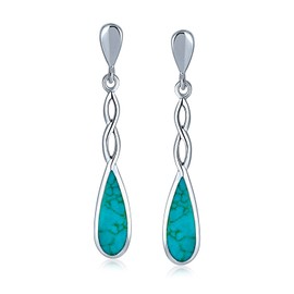 Linear Infinity Spiral Twist Teardrop Blue Turquoise Long Dangle Earrings Western Style For Women Teens .925 Sterling Silver