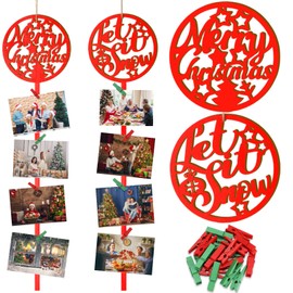 2 Pieces Christmas Card Holders Xmas Hanging Photo Display Let It Snow Picture Holders Merry Christmas Wooden Photo Holder with 20 Pieces Red Green Clips for Christmas Home Wall Door Window Decoration