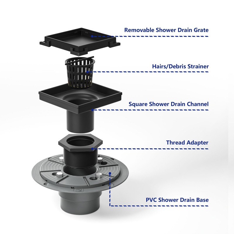 Bernkot Square Shower Drain 4" with 2" PVC Flange Base,