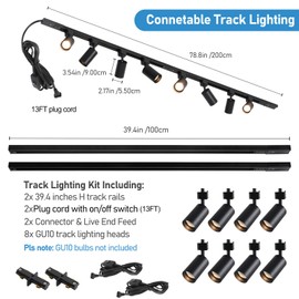 Hiiglxii Plug in Track Lighting with Power Cord, 8 Light LED Track Lighting Kit with Connectable Rails, GU10 Kitchen Track Lighting Fixtures Wall Mounted Plug in Ceiling Light Black - No Bulbs