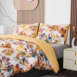 Jemiipee Bed Linen Set, 100% Microfibre with Autumn Branches and Leaves Pattern, 1 x Duvet Cover 150 x 220 cm with 1 x Pillowcase 50 x 70 cm and Zip, Multicoloured Soft Bed Linen, Modern, Mustard