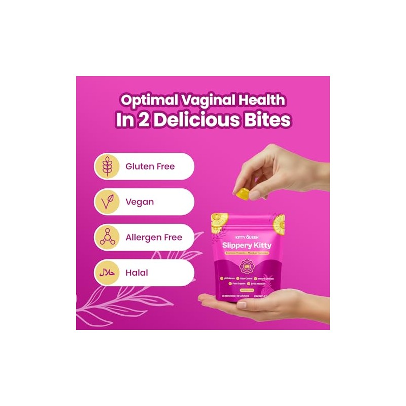 KITTYQUEEN Slippery Kitty Feminine Probiotic and Moisture Gummies, Pineapple Flavor,