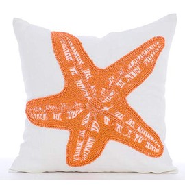 White Accent Pillows, Beaded Orange Starfish Nautical Ocean & Beach Theme Pillows Cover, 20x20 inch (50x50 cm) Throw Pillow Cover, Floral Mediterranean Square Linen - Starfish Makeover
