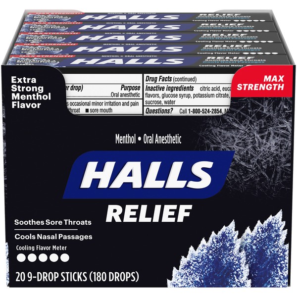 HALLS Relief Max Strength Extra Strong Menthol Throat Drops, 20 Packs of 9 Drops (180 Total Drops)