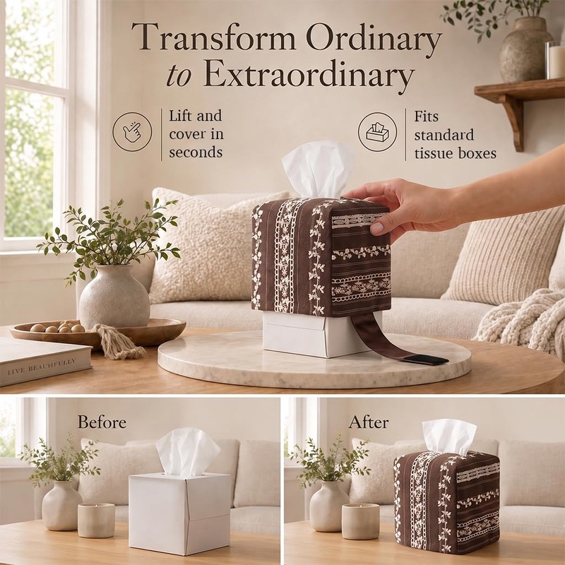 2 Pack Tissue Box Cover, Square Napkin Holder with Bottom
