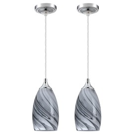 1 Light Indoor Mini Hanging Kitchen Island Pendant Lights Covers Decorative,Polished Nickel Finish with Handcrafted Art Glass Hanging Light Shade for Bar Dining Room Over Sink (Grey Glass, 2 Pack)
