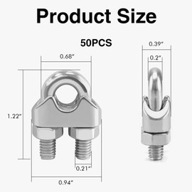 50PCS 1/4 Inch Stainless Steel Wire Rope Clamps Heavy Duty Cable Clips for Rigging, Construction, and Marine Applications