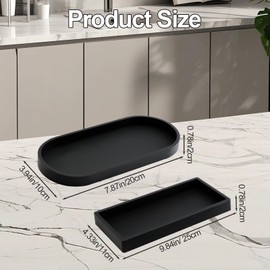 2Pcs Bathroom Vanity Tray, KUAOOAUK Bathroom Trays for Counter, Elegant Silicone Jewelry Dish, Decorative Tray for Bathroom Accessories Toilet Candle Soap, Rectangular and Oval Black