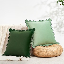 MONDAY MOOSE Decorative Throw Pillow Covers Cushion Cases, Set of 2 Soft Velvet Scalloped Round Edge Designs, Mix and Match for Home Decor, Pillow Inserts Not Included (Green/Light Green, 16x16 inch)