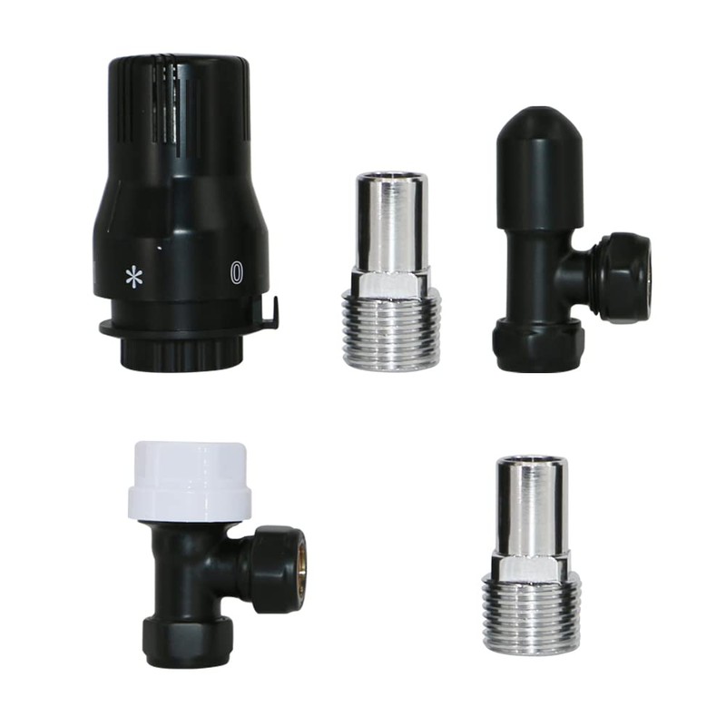 NRG 15mm Black TRV Thermostatic Radiator Valve + Lockshield Angled