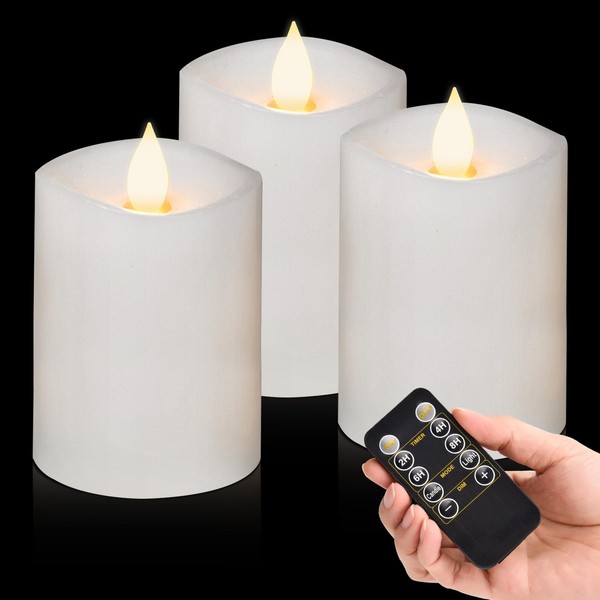 milysoek 3x4 Flickering Flameless Candles Set of 3,Real Wax Pillar
