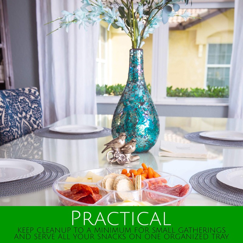 PLASTICPRO 6 Sectional Round Plastic Serving Tray/Platters Clear Pack of