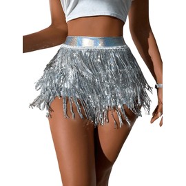 Floerns Women's Shiny Sequin Tassel Trim Skorts Dance Hip Rave Mini Skirts Shorts Silver X-Small