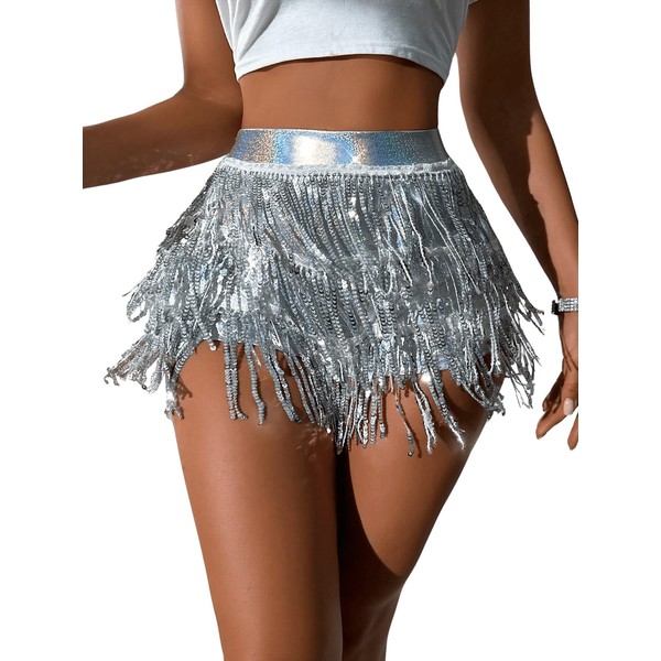Floerns Women's Shiny Sequin Tassel Trim Skorts Dance Hip Rave