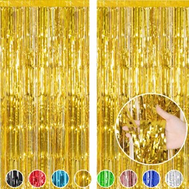 2pcs 3.3ft x 6.5ft Tinsel Foil Fringe Curtain Party Decorations Sparkle Foil Fringe Curtain Streamers for Photo Backdrop Birthday Party Wedding Holiday Decoration (Beige Gold)