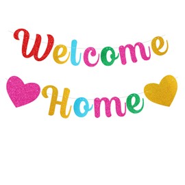 bng-bng Colorful Welcome Home Decorations Banners Flag Glitter Bunting Backdrop for Welcome Back Welcome Home Baby Shower Party Decorations Multicolor