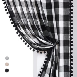 Black Buffalo Check Curtains Pom Pom Rustic Farmhouse Black White Plaid Curtain Panels for Nursery Kids Light Filtering Linen Semi Sheer Window Drapes for Bedroom, Pencil Pleat, 40" x 54" Inch, 1 Pair