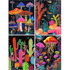 4 Pack 5D Diamond Art Kits for Adults-Premium Canvas Without Creases-Easy Diamond Painting Kits for Adults-Coral, Cacti, Jellyfish, Mushrooms,Themes for DIY Craft and Home Decor.A008