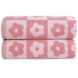 Jacquotha Jacquotha 2-Pieces Luxury Bath Towels Checkered Floral, Pink Towels for Women Girls Shower Body 27.5x55 Inches, Valentines Gifts for Her Wife Daughters Mom, Cotton
