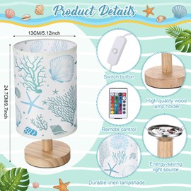 VIHOSE Ocean Table Lamp Beach Starfish Seashell Blue Night Light with Wood Base, 16 Color Dimmable Led, Fabric Shade Bedside Desk Lamp for Living Room Bedroom Home Decor Office Birthday Gifts