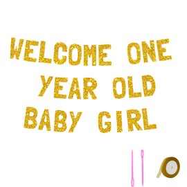 Meowoo Sweet Welcome Baby Girl Banner, Massive 7.7 Inch Letters and No Mess Gold Glitter, Easy to Assemble, Super Thick Reusable Cardstock Decoration for Party Joy