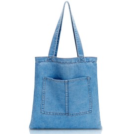 Denim Tote Bag for Women,Zipper Canvas Aesthetic Shoulder Handbags Cute Large Purse For Beach Shopping School Work (Blue)