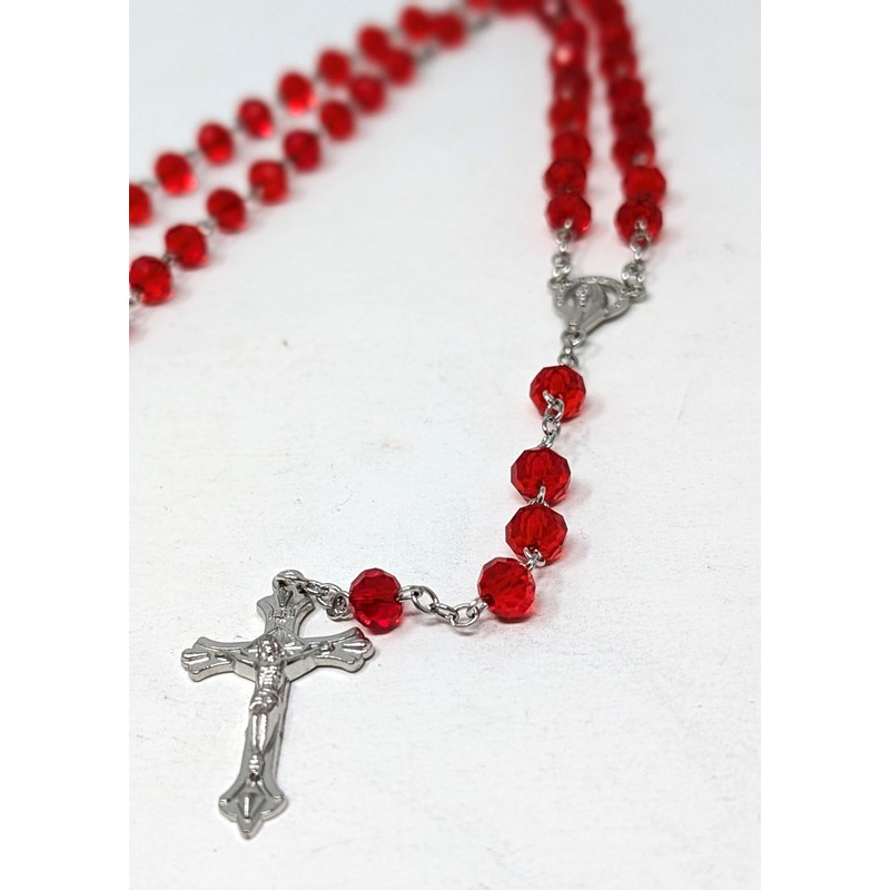 JRose Collections Red Glass Diamond Cut Rosary Beads - Handcrafted