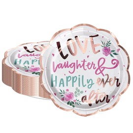 LeZakaa 25Pcs Wedding Paper Plates -Love, Laughter, Happily ever after Lettering with Flowers Design Disposable Party Plates Decorative Tableware Supplies for Wedding, Engagement, Bridal Shower- 9Inch