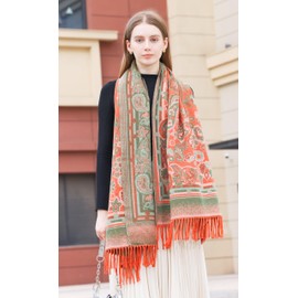 Wander Agio Warm Fashion Scarf Long Shawl Large Blanket Winter Wraps Scarves for Women Cashmere Jacquard Vintage Paisley Pattern Floral Orange Green 9