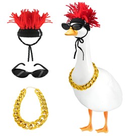 yoostooper Cool Punk Goose Outfit Set, Sunglasses, Gold Chain & Red Wig Accessory Set for 23" 17" Plastic/Cement Lawn Goose Statues, Punk Festival Outdoor Yard, Patio & Pathway Decor(Punk red Hair)
