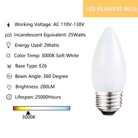 Sunaiony Frosted LED Candelabra Light Bulbs E26 Medium Base 2W Dimmable Soft White 3000K 25W Equivalent, LED Decorative Candle Light Bulbs for Chandelier and Ceiling Fan, 8 Pack