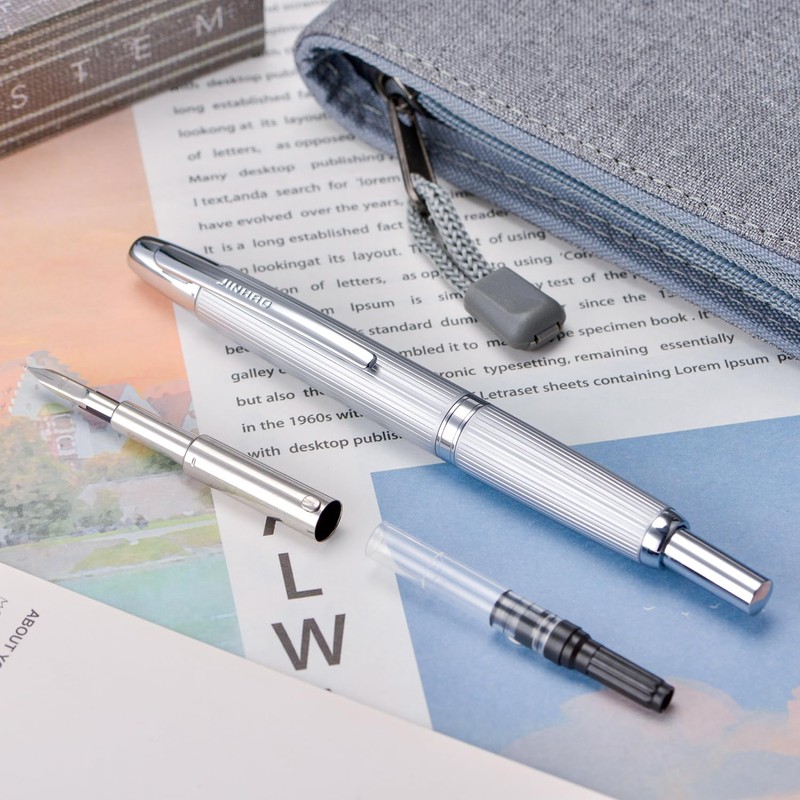 Jinhao 10 Series Press Fountain Pen Brushed Matte Chrome Retractable