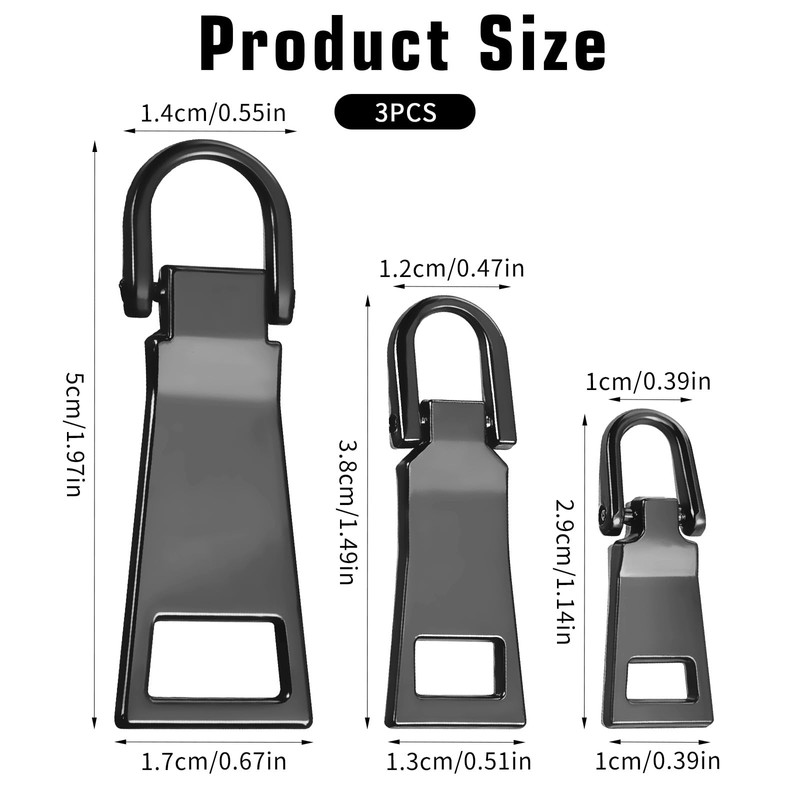 3pcs Black Zipper Pull Replacement, Zippers Slider Pull Tab Zipper
