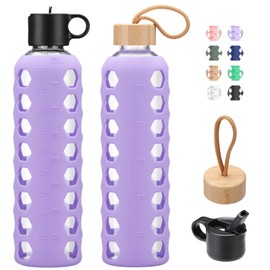 MUKOKO Glass Water Bottles, 32oz Glass Tumbler, Drinking Bottles with 2 Lids-Handle Flip Straw Lid&Bamboo Lid, Motivational Water Bottle with Time Marker and Silicone Sleeve, Leakproof-1 Pack-Purple
