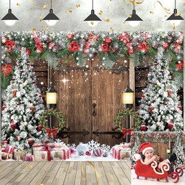Winter Christmas Backdrop 7x5FT Rustic Barn Wood Door Xmas Photography Backdrop Xmas Tree Snow Gift Kids Adult Family Holiday Party Decoration Supplies Photo Props