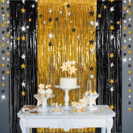 Cheerland Gold Black Silver Tinsel Foil Fringe Curtain Backdrop Photo Background Star Garland Kit for Birthday Party Decorations Graduation NYE New Year Wedding Retirement Anniversary Party Supplies