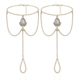 Bienvenu 1 Pair Boho Vintage Crystal Bead Tassel Anklet Bridal Wedding Pool Party Accessories Set,Golden