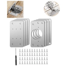 8Pcs Cabinet Hinge Repair Plate, Stainless Steel Board Cabinet Hinge Repair Replacement Kit with 48 Screws 1 Screwdriver, for Kitchen Cabinet,Wardrobe,TV Cabinet