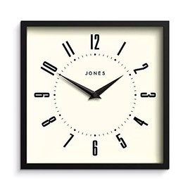 Jones ClocksÂ® Box Retro Dial Wall Clock - Square Clock - Kitchen Clock - Office Clock - Retro Clock - Designer Clock - Colourful Case - Arabic Numeral Dial (Black)