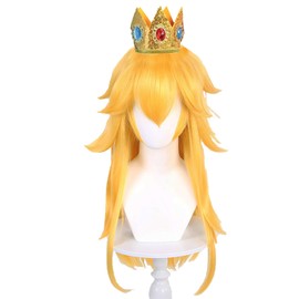 28inches/70cm Long Wavy Yellow Wig with Bangs for Women Yellow Wigs Cosplay with Crown for Anime Synthetic Hair for Halloween Costume Party Cosplay with Wig Cap