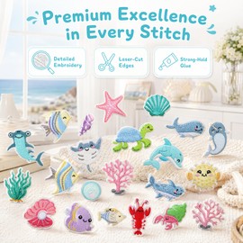 28pcs Sea Animal Iron/Sew on Patches Marine Organisms Embroidered Patches Iron Cute Summer Embroidered Applique for Ocean Beach Decration for Clothes, Hat, Bag, Jeans