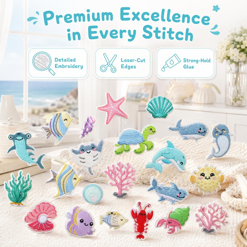 28pcs Sea Animal Iron/Sew on Patches Marine Organisms Embroidered Patches